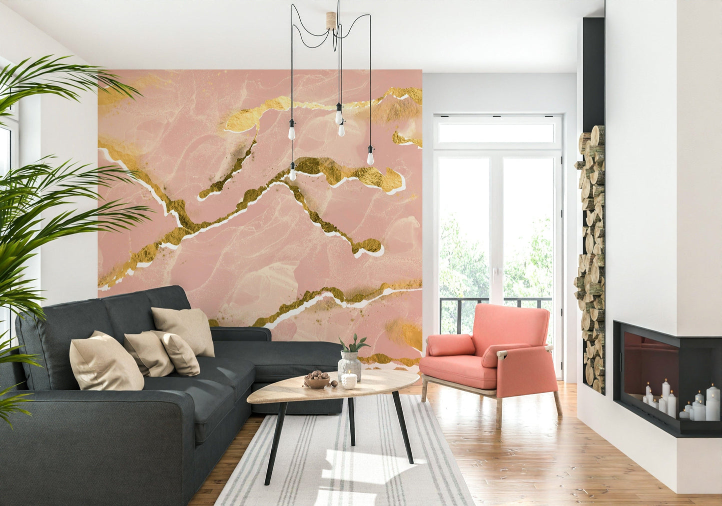 Modern Luxe Blush Marble Wall Mural – Sophisticated abstract design combining warm blush hues with luxurious gold streaks.