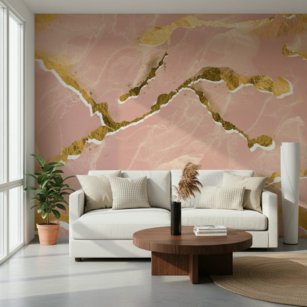 Blush Marble with Gold Veins Wallpaper – Elegant wall mural featuring delicate blush marble textures highlighted with gilded accents.