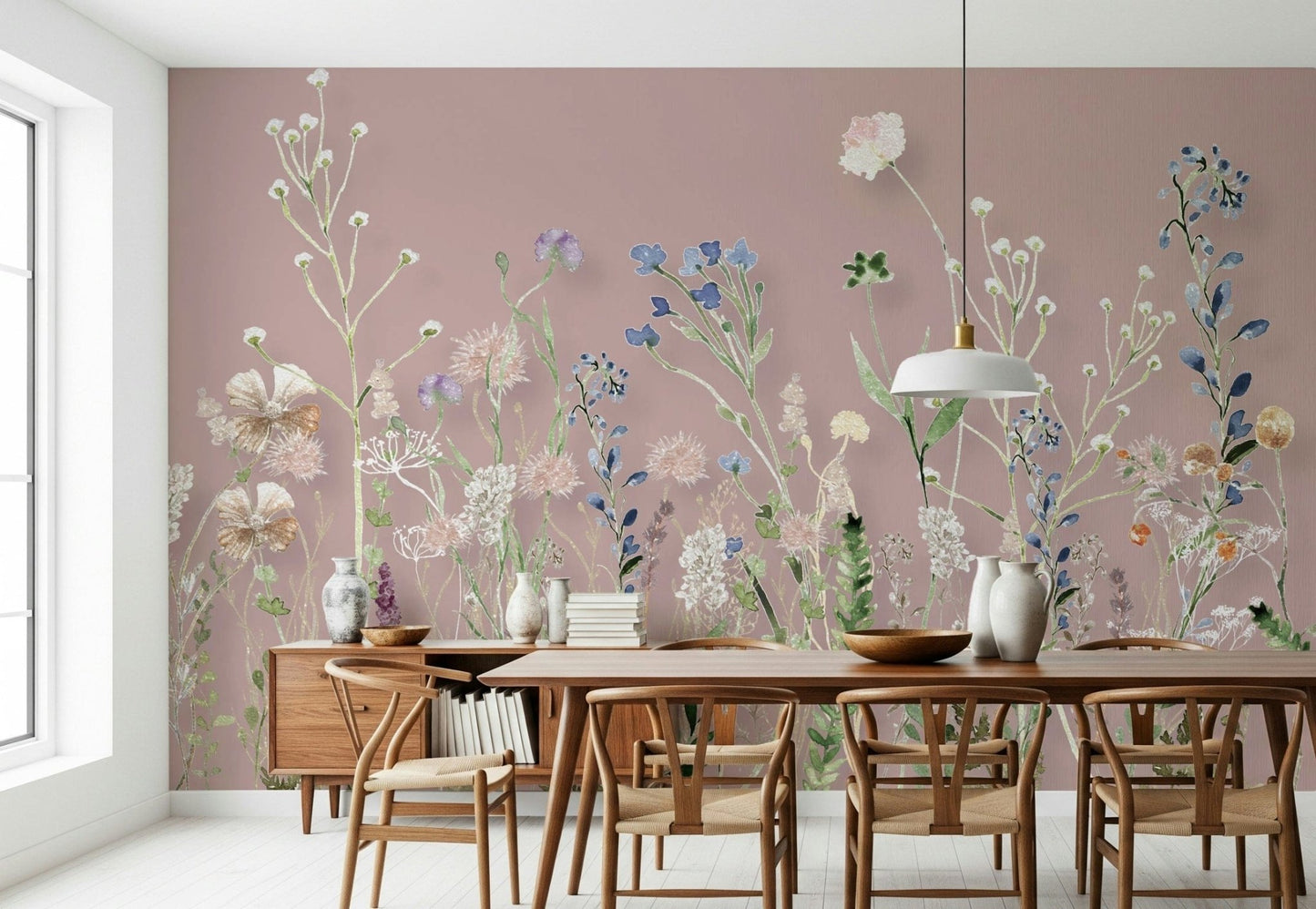 A whimsical wallpaper featuring hand-painted meadow flowers in blue, peach, and ivory shades.