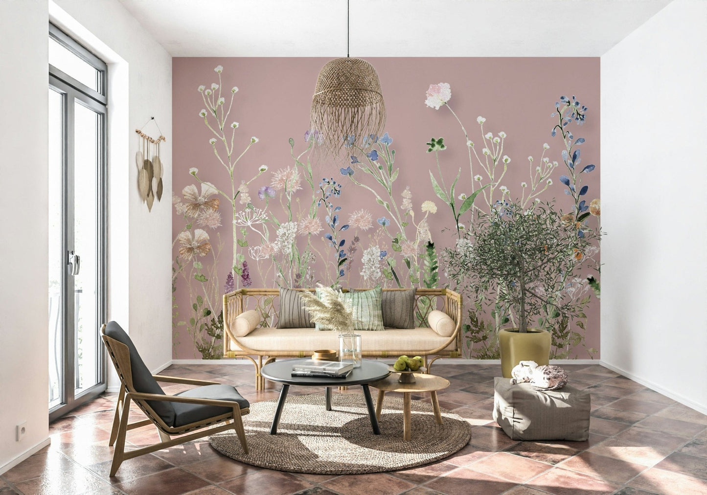 A romantic blush wallpaper featuring a variety of wildflower stems and soft pastel petals.