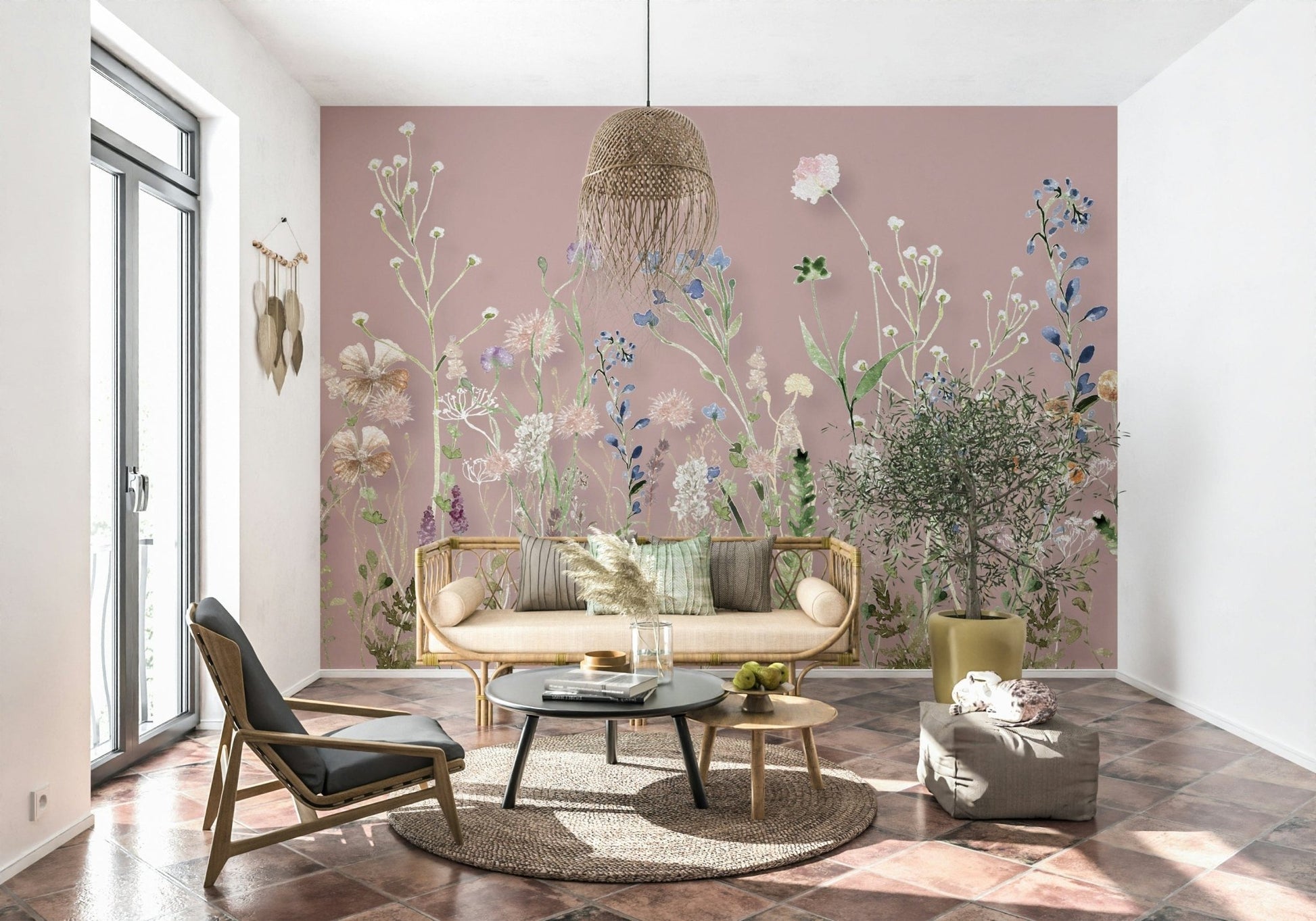 A romantic blush wallpaper featuring a variety of wildflower stems and soft pastel petals.