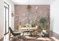 A romantic blush wallpaper featuring a variety of wildflower stems and soft pastel petals.