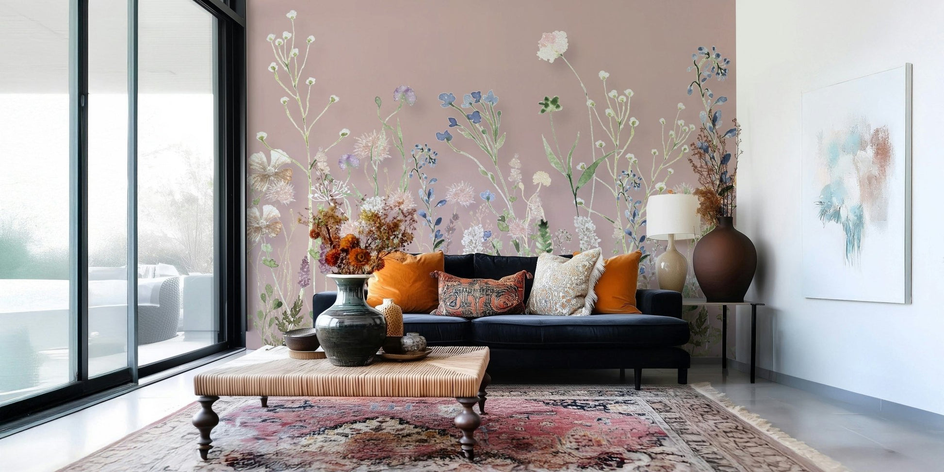A blush wallpaper featuring delicate meadow blooms painted in soft watercolor tones.