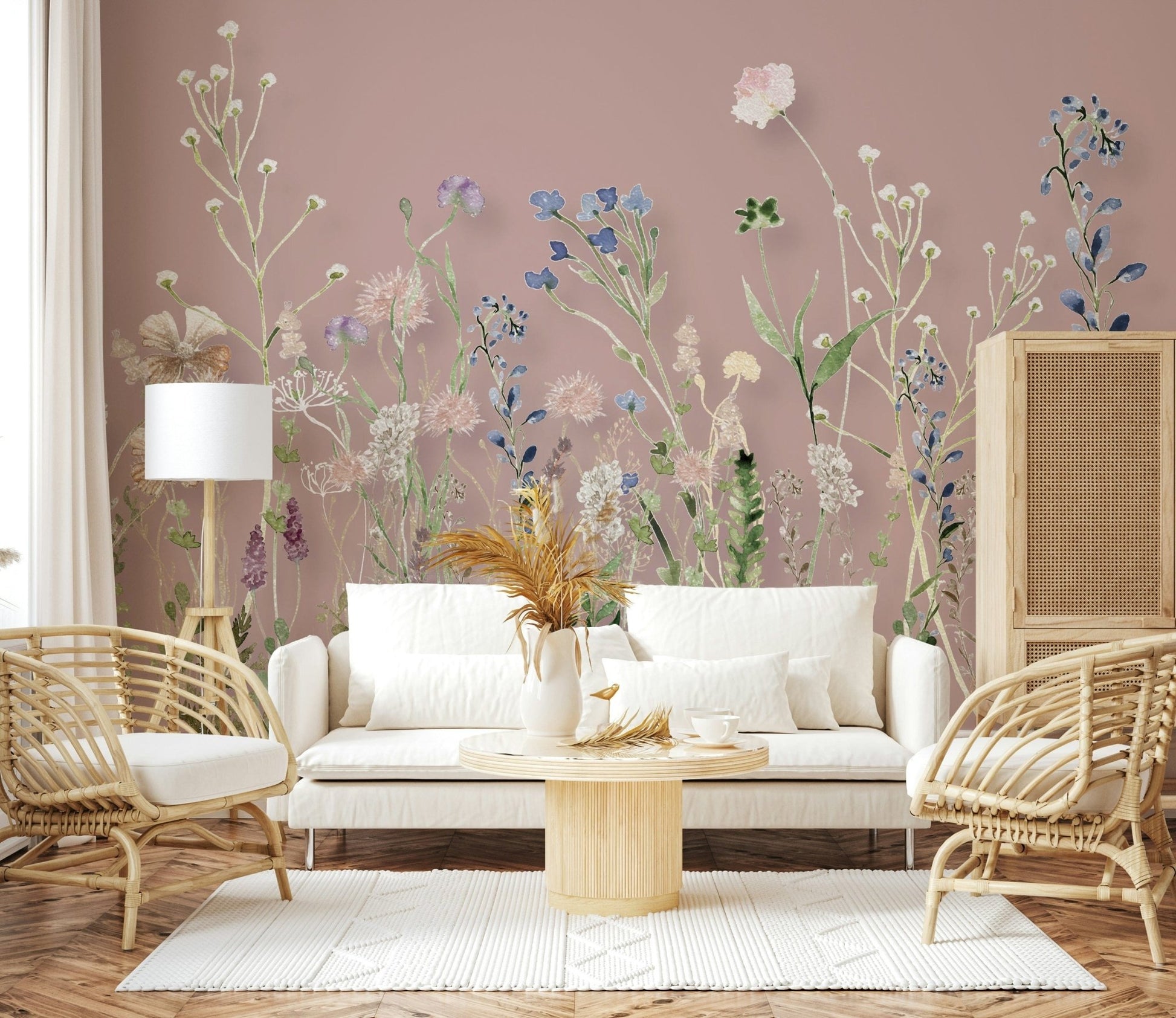 A gentle meadow wallpaper with layered blooms and greenery in watercolor style.