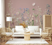 A gentle meadow wallpaper with layered blooms and greenery in watercolor style.