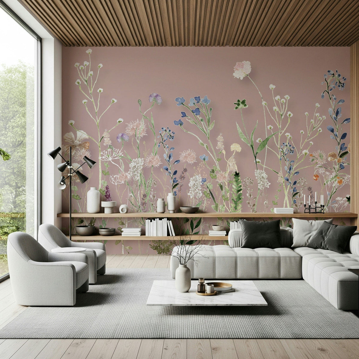A floral wallpaper with tall, airy wildflowers set on a calming blush pink backdrop.