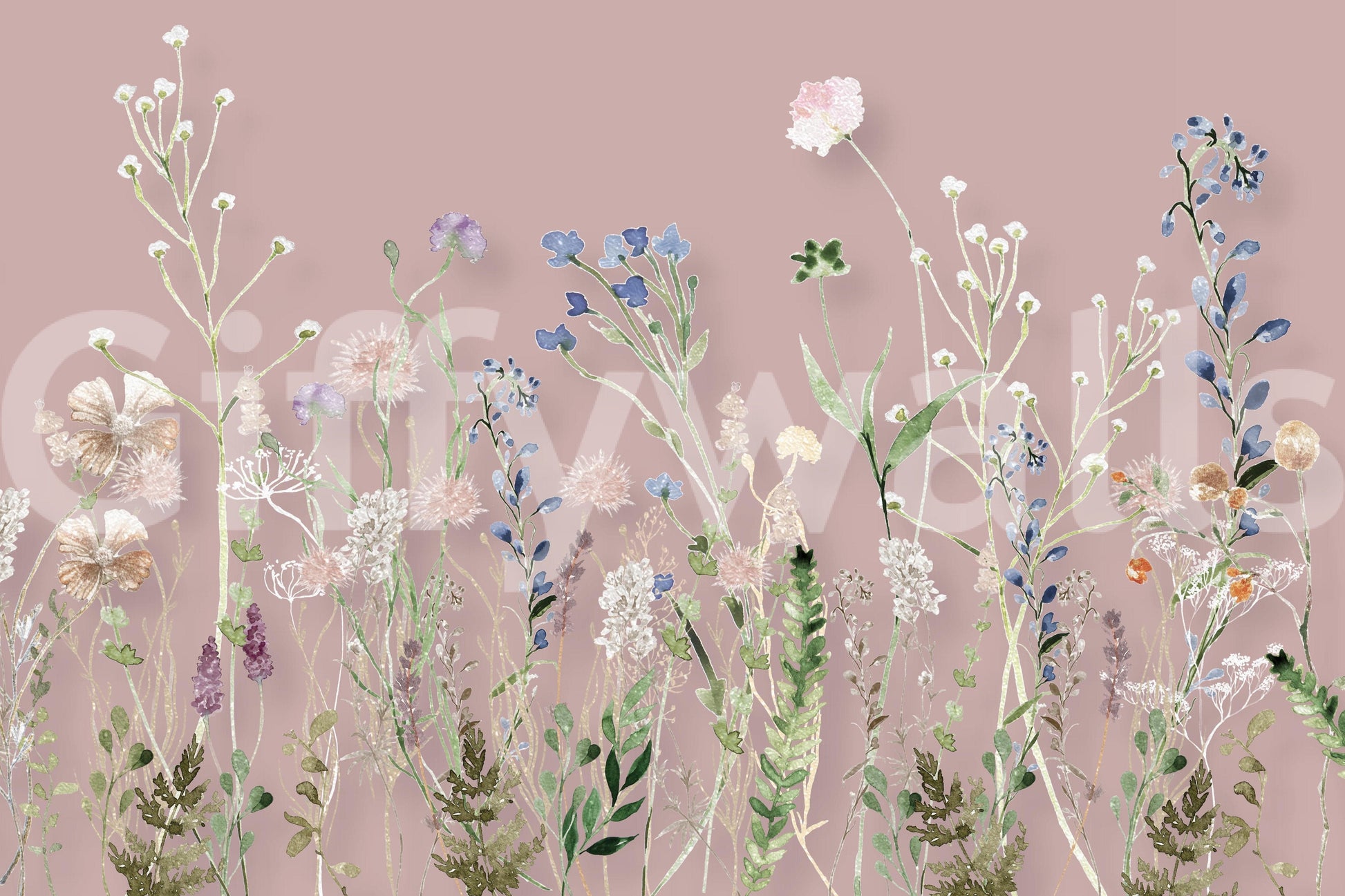 A dreamy wallpaper showcasing delicate wildflowers and leaves blending into a blush background.