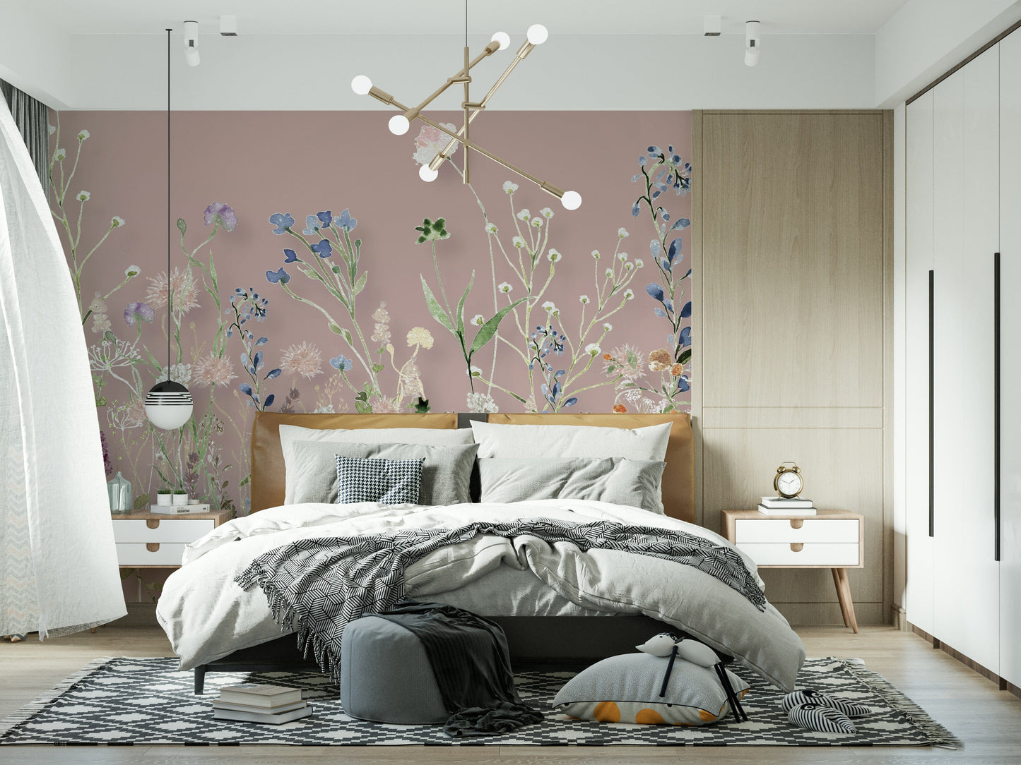 An elegant floral wallpaper with watercolor meadow blooms arranged along the lower edge.