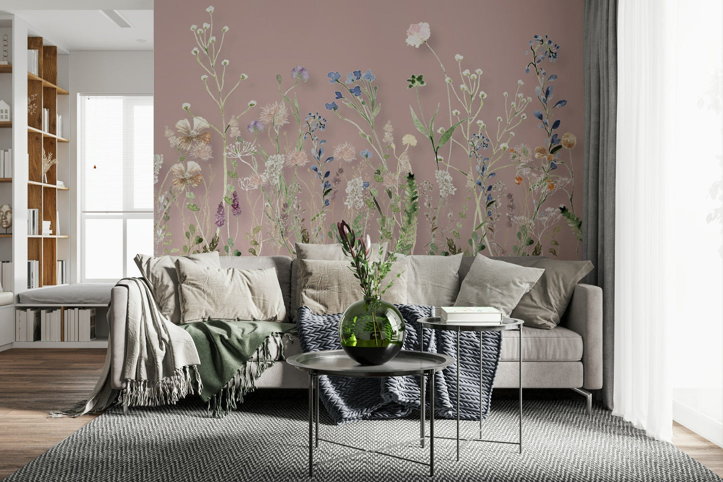 A blush-toned wallpaper with watercolor wildflowers creating a serene meadow aesthetic.