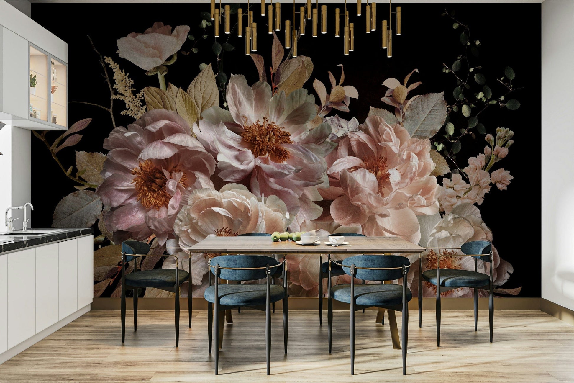 A moody garden mural with a blush tone.