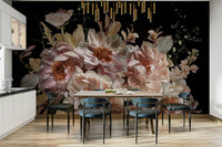 A moody garden mural with a blush tone.