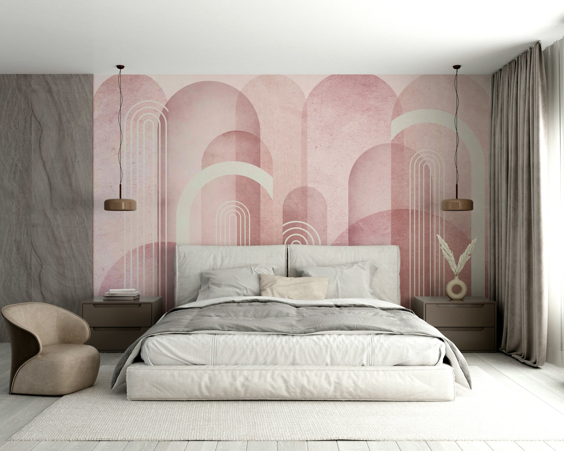 Elegant archways design mural in blush pink tones

