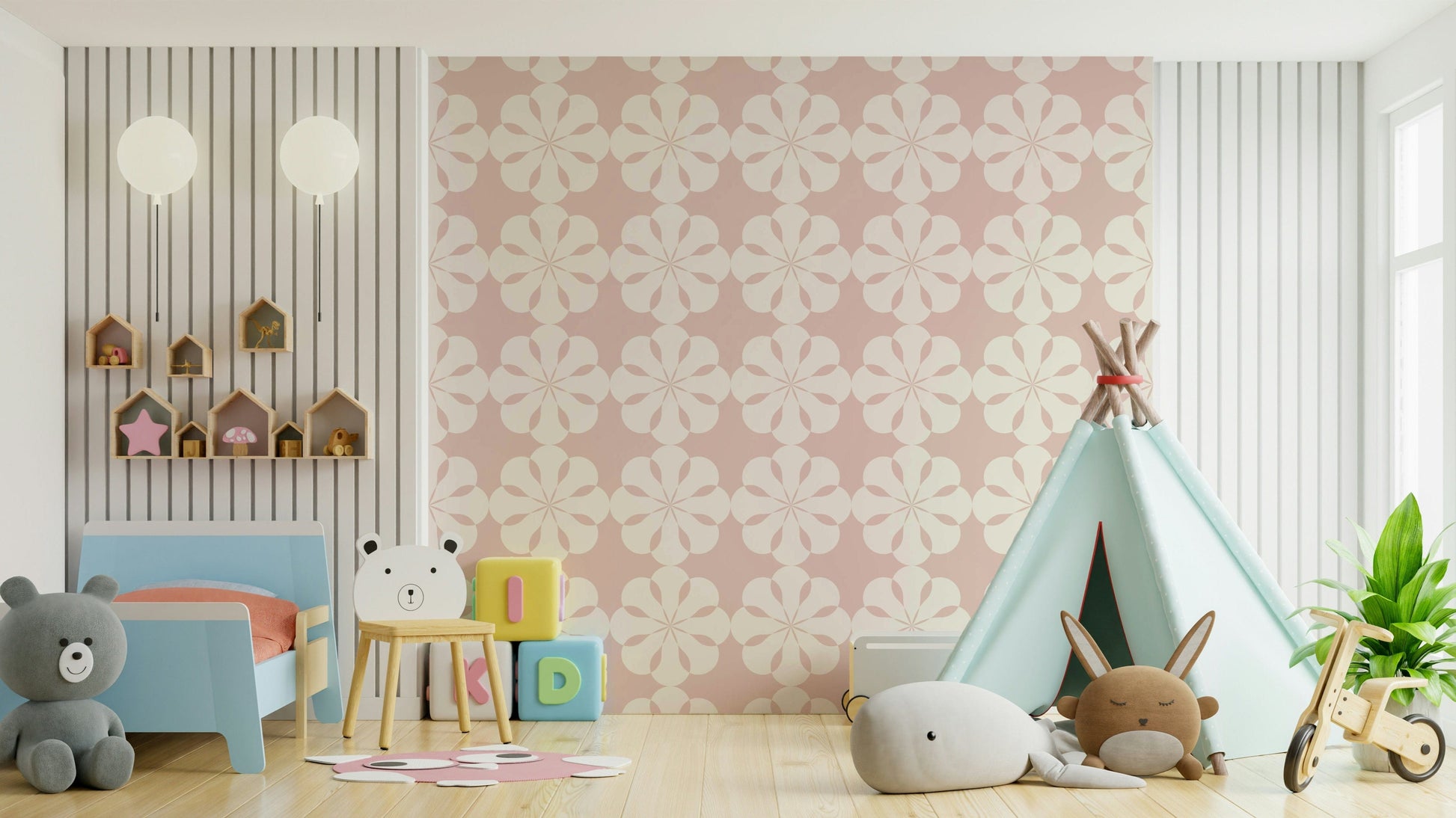 Blush floral cutout pattern wallpaper in kids bedroom.
