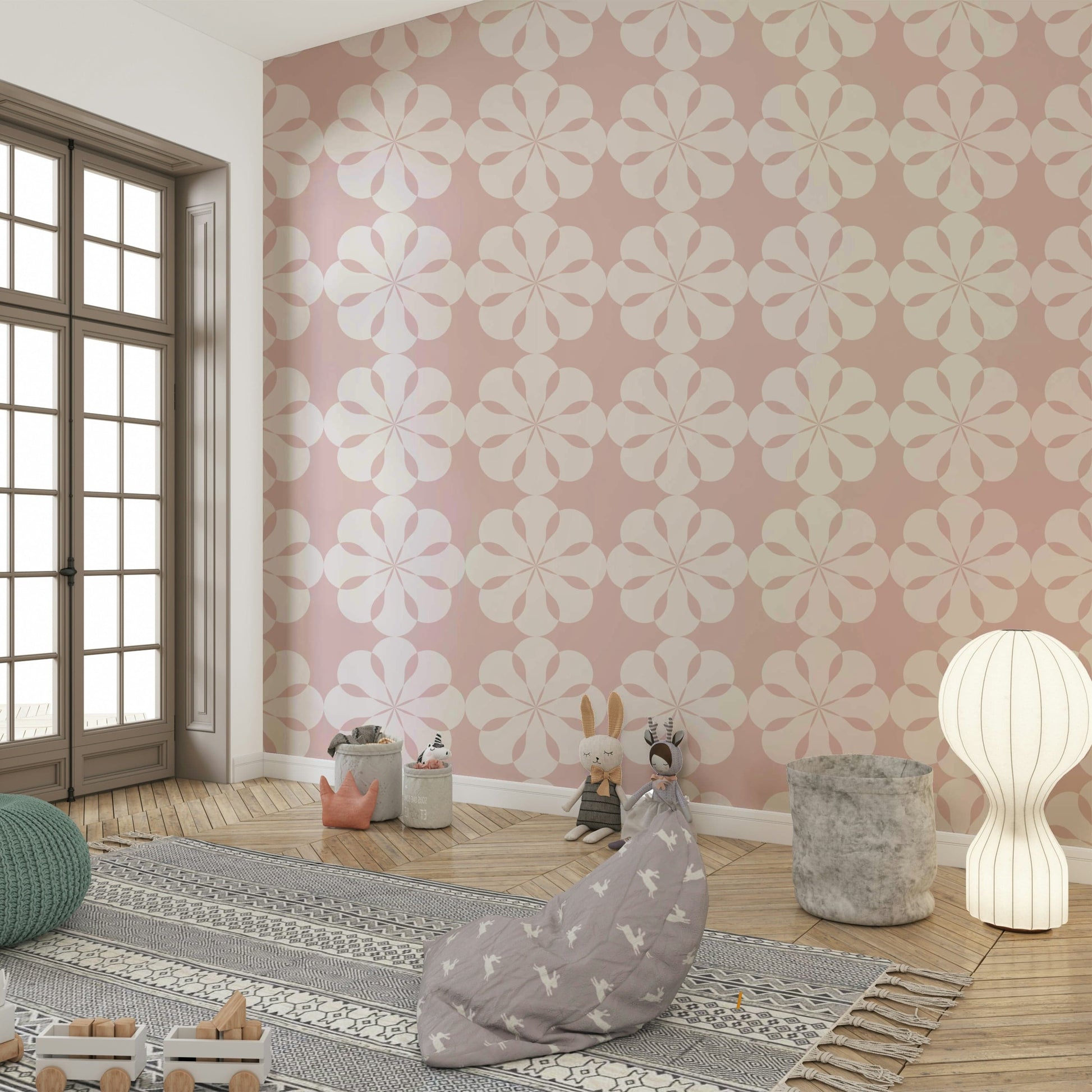 Minimalist bloom pattern wallpaper in a bright nursery.
