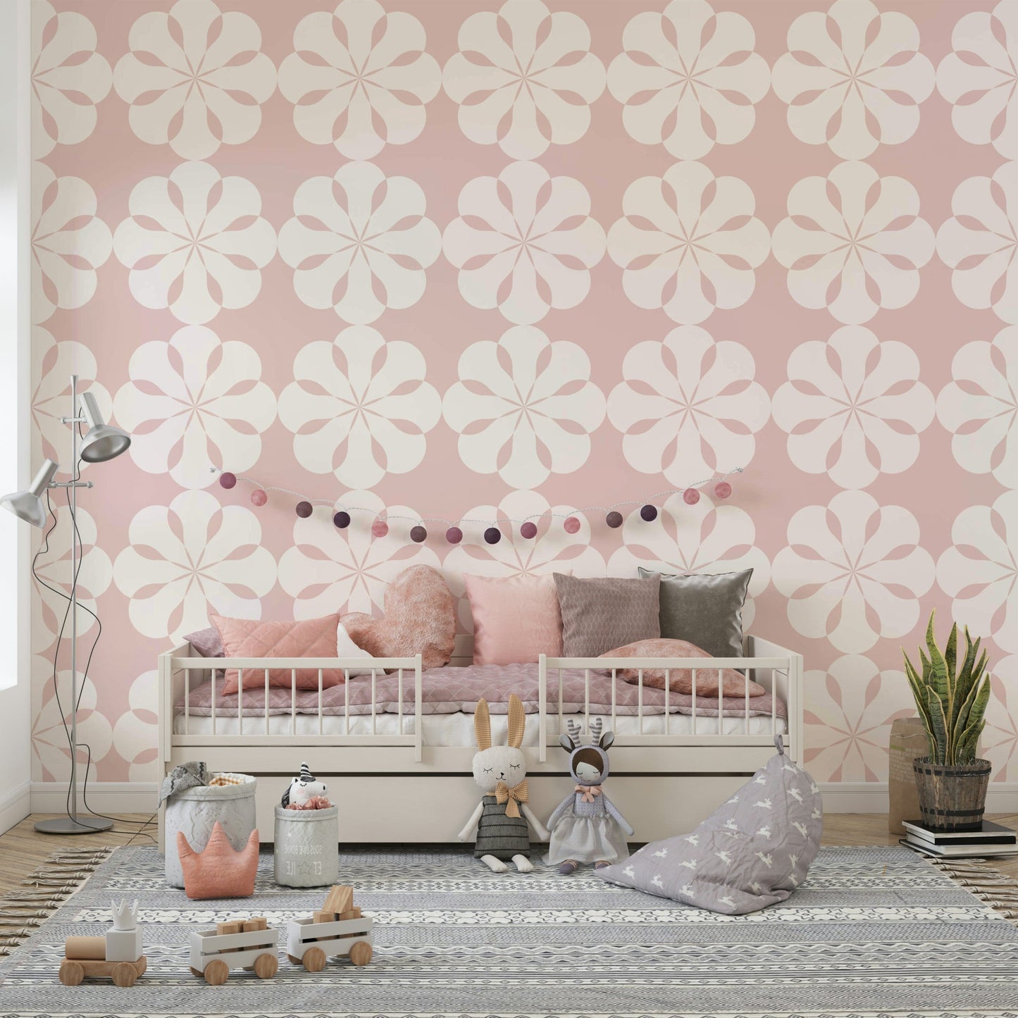 Chic pink symmetrical wallpaper for accent walls.
