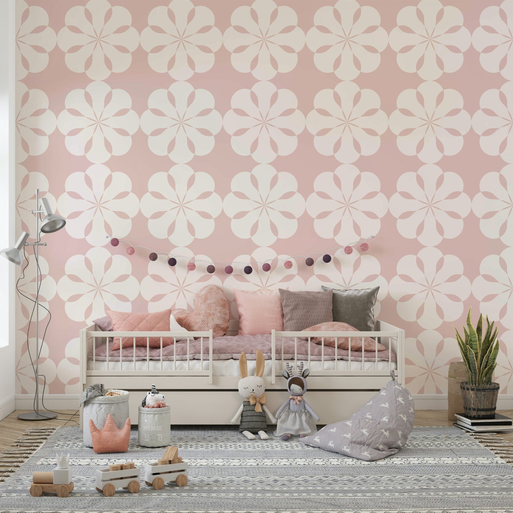 Chic pink symmetrical wallpaper for accent walls.
