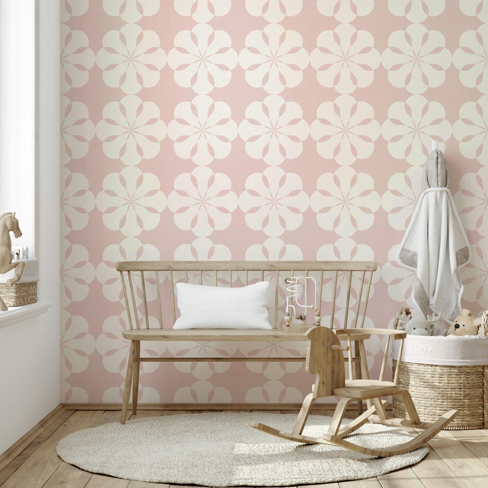 Chic pink symmetrical wallpaper for accent walls.