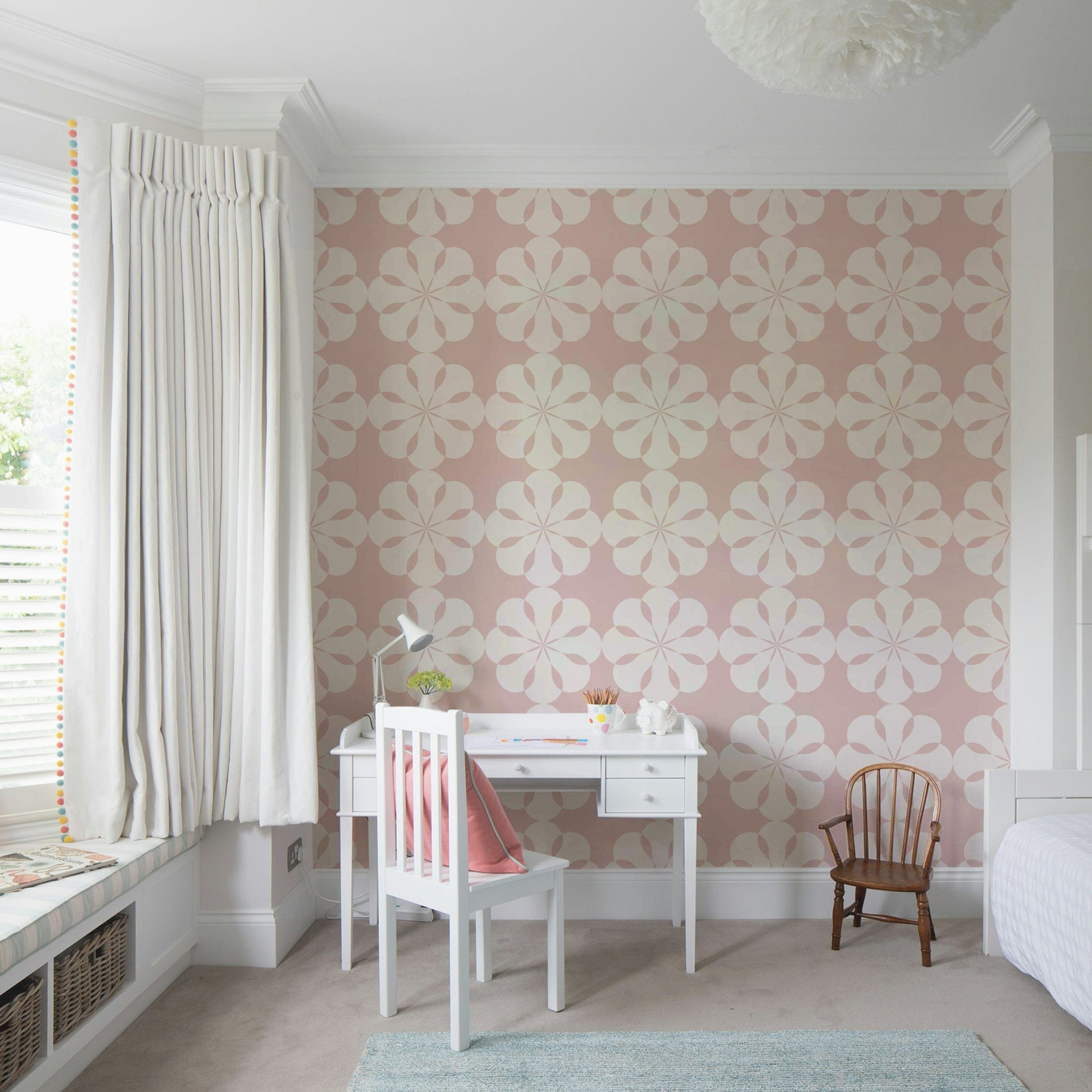 Dreamy blush tile style wallpaper for child's room.

