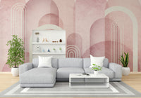 A wall mural of a geometric arches pattern.

