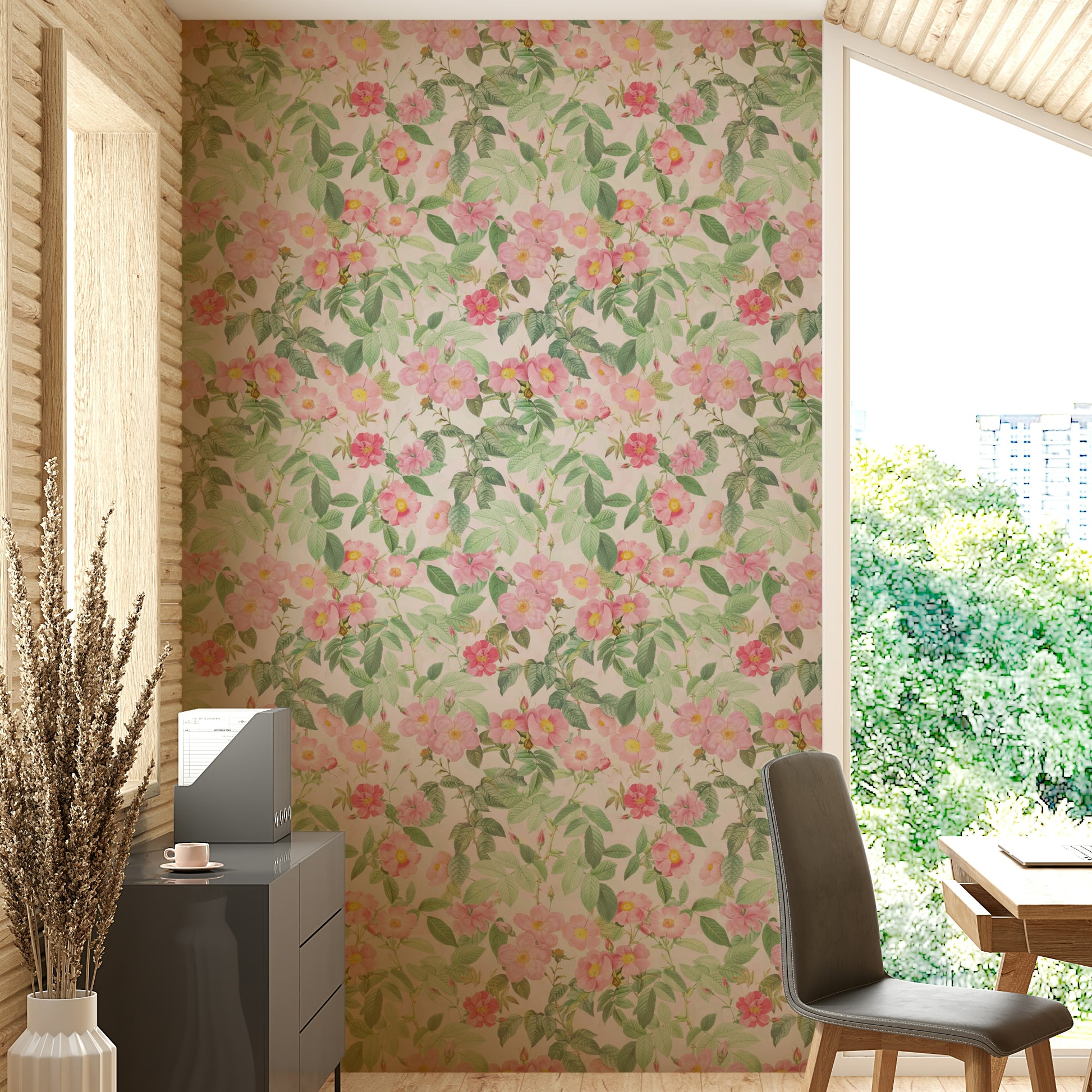 Delicate pink and green floral wallpaper

