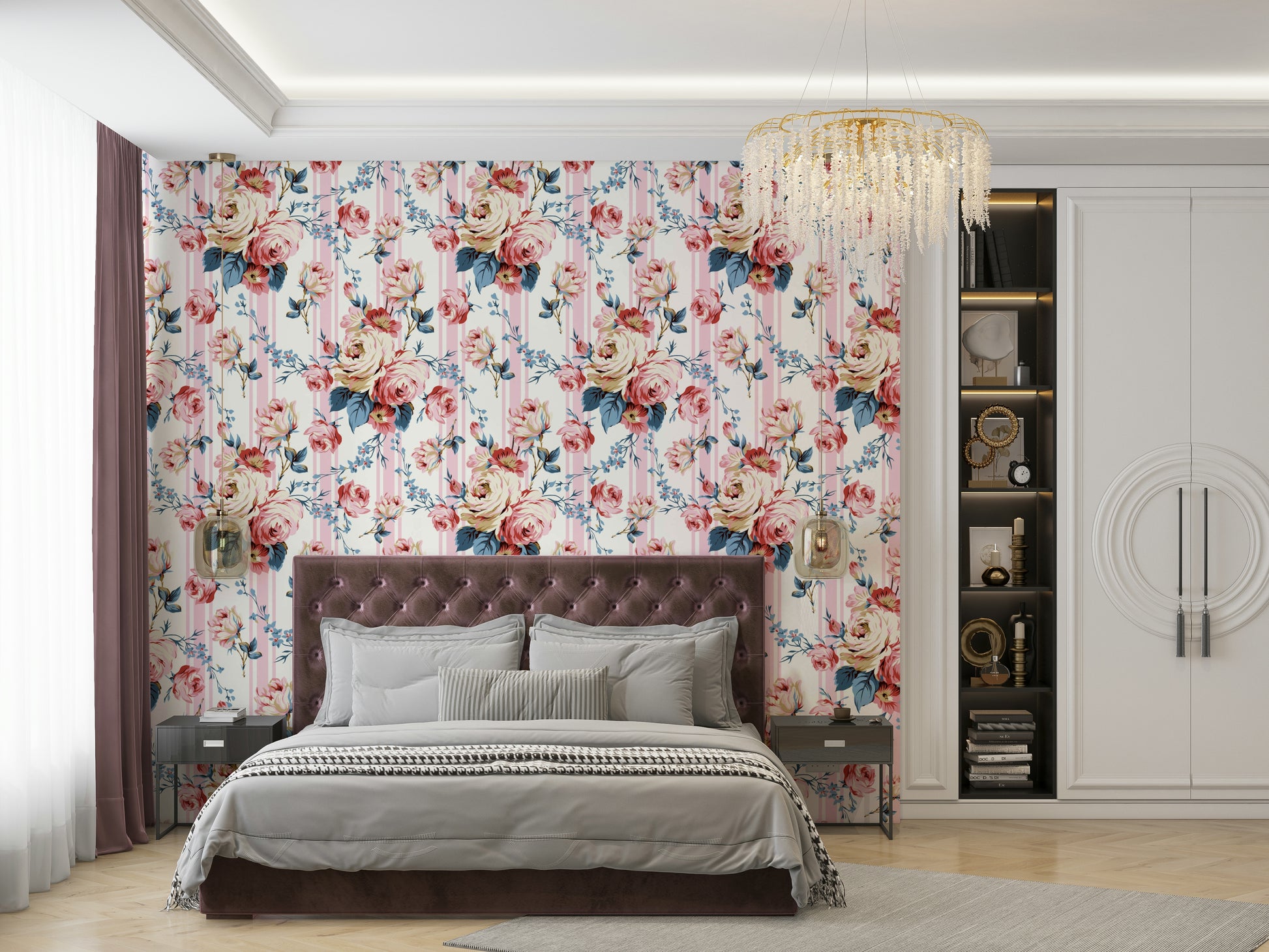 Vintage stripe wallpaper with blooming rose bouquets and soft hues.

