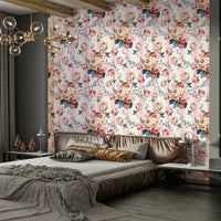 Classic floral wallpaper featuring blush roses and vertical stripes.


