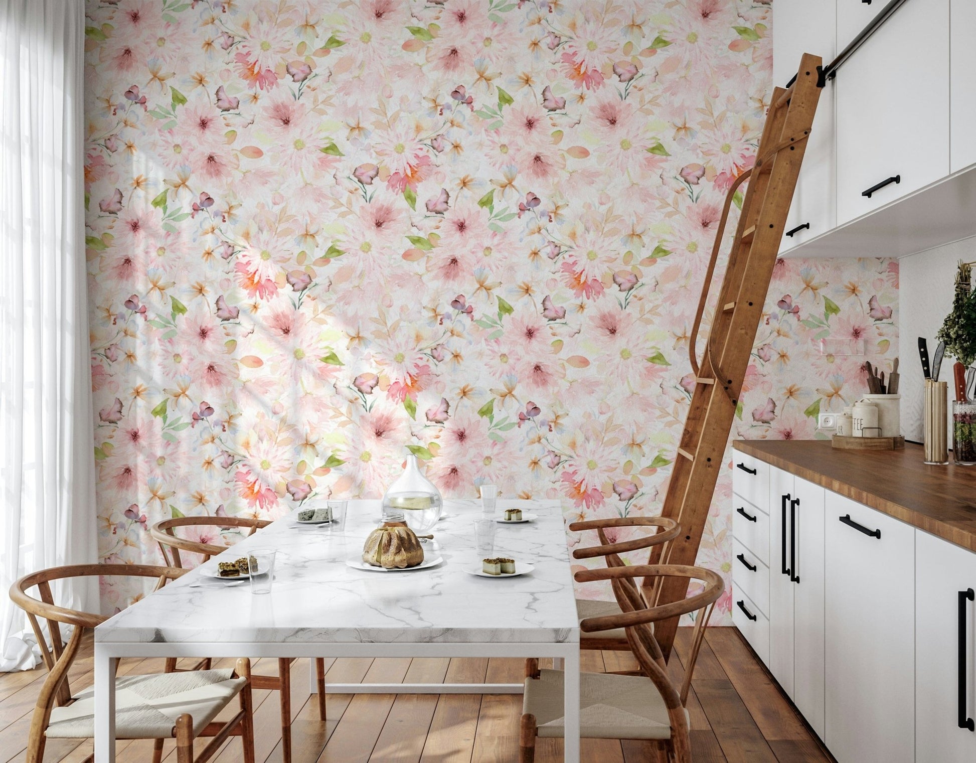 Whimsical flower print, subtle pink shades, Blush Watercolor Blooms.