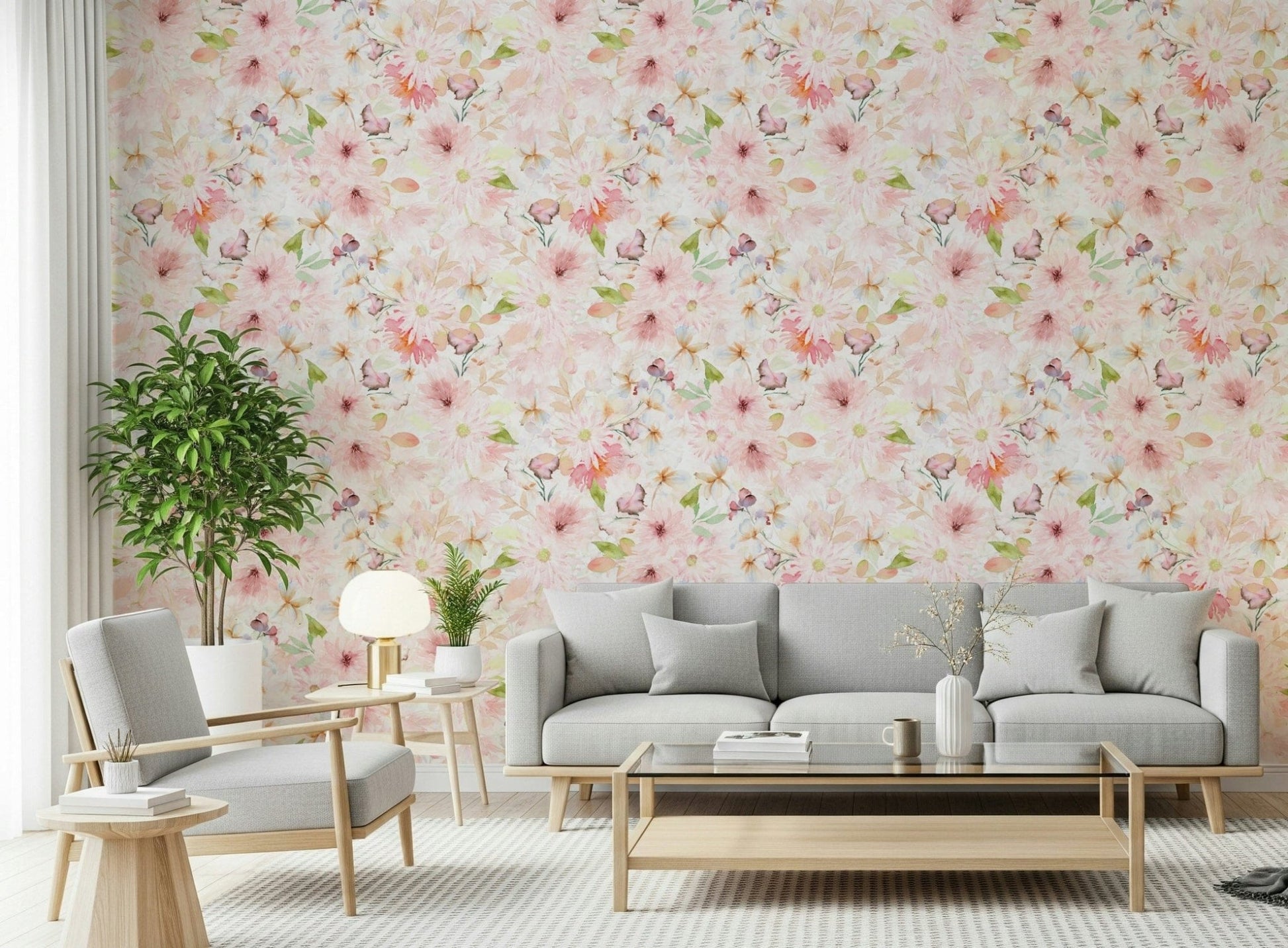 Blush Watercolor Blooms, pretty decorative paper for room walls.