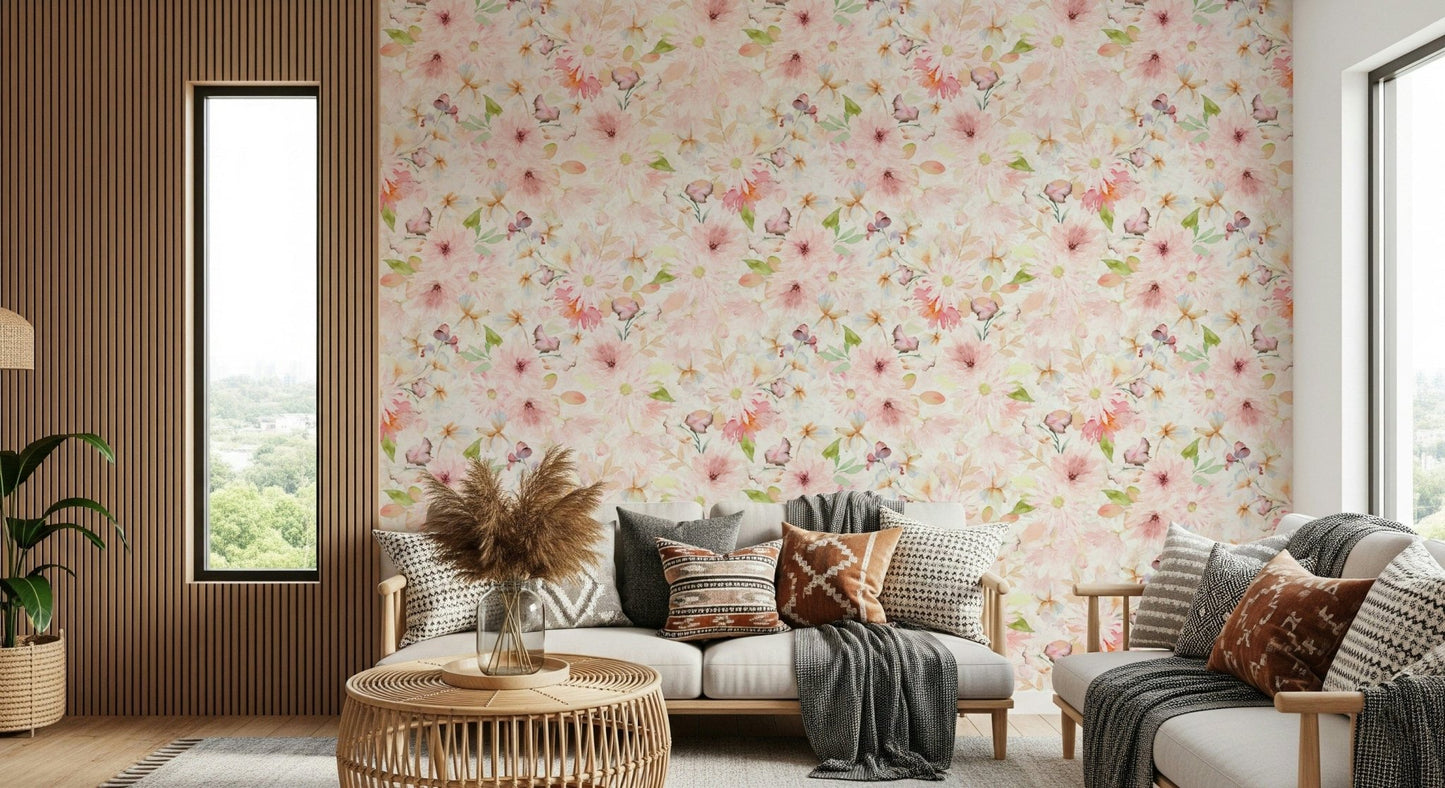 Abstract flower textile texture, Blush Watercolor Blooms wall print.
