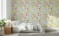 Blush botanical wall mural for bedroom headboard wall, wildflowers in soft tones