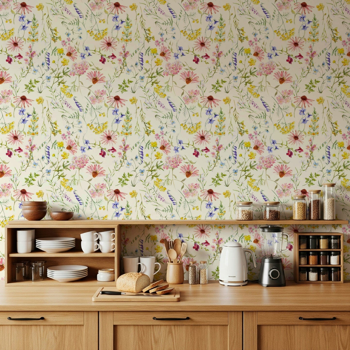 Blush floral meadow wallpaper behind sofa, modern home styling with delicate blooms