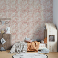 Blush Zebra Stripes wallpaper in a kids room with a wooden house bed, orange bedding and plush toys