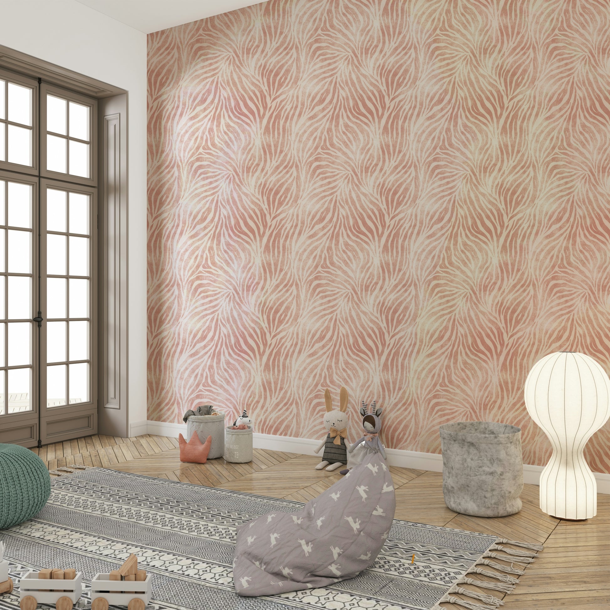 Blush Zebra Stripes wallpaper in a kids playroom with French doors, woven baskets and plush toys