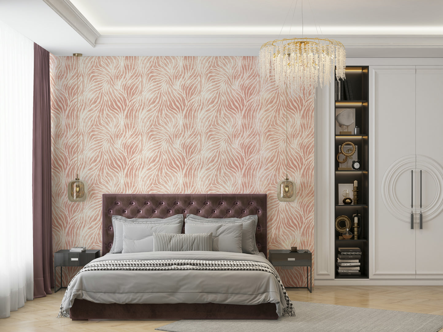 Blush Zebra Stripes wallpaper in a bedroom with a mauve tufted headboard and gold crystal chandelier