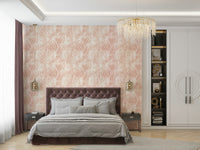 Blush Zebra Stripes wallpaper in a bedroom with a mauve tufted headboard and gold crystal chandelier