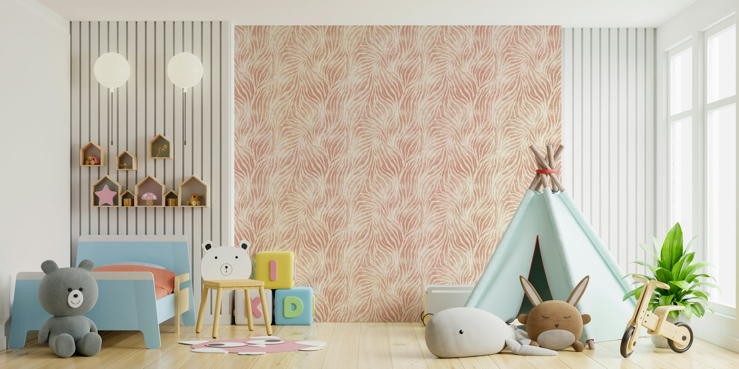 Blush Zebra Stripes wallpaper in a kids room with a blue bed, teepee tent and alphabet blocks