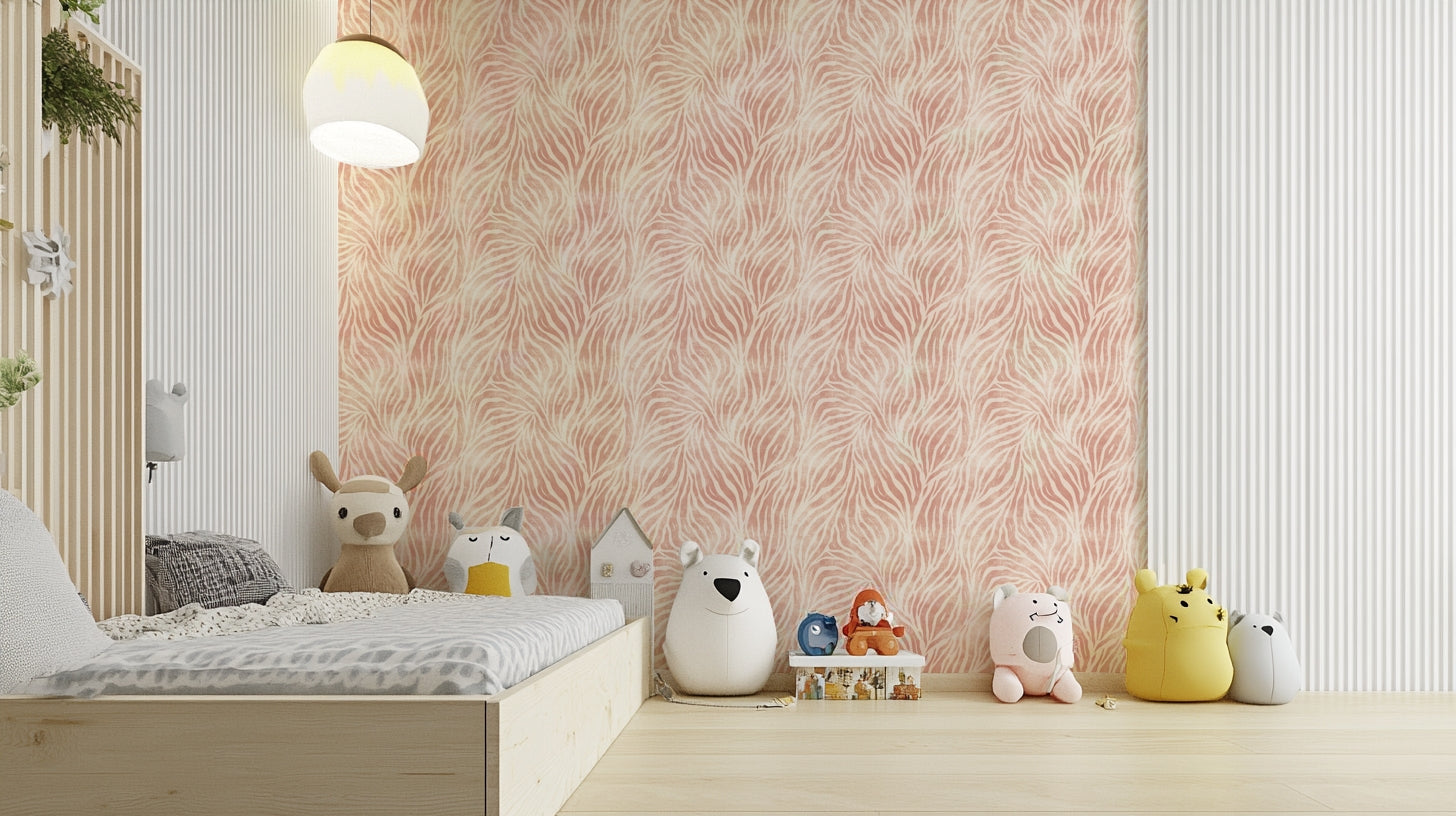 Blush Zebra Stripes wallpaper in a kids room with a wood platform bed, plush animals and dome pendant