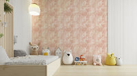Blush Zebra Stripes wallpaper in a kids room with a wood platform bed, plush animals and dome pendant