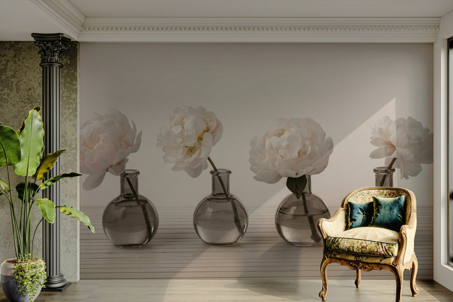 The print captures fine details of the petals, water, and the wood grain.

