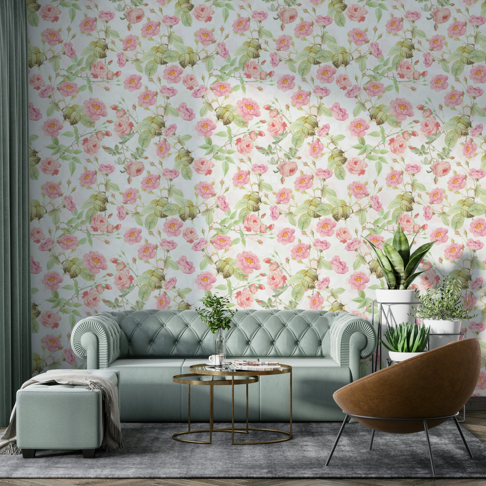 Soft floral wallpaper with blush pink tones

