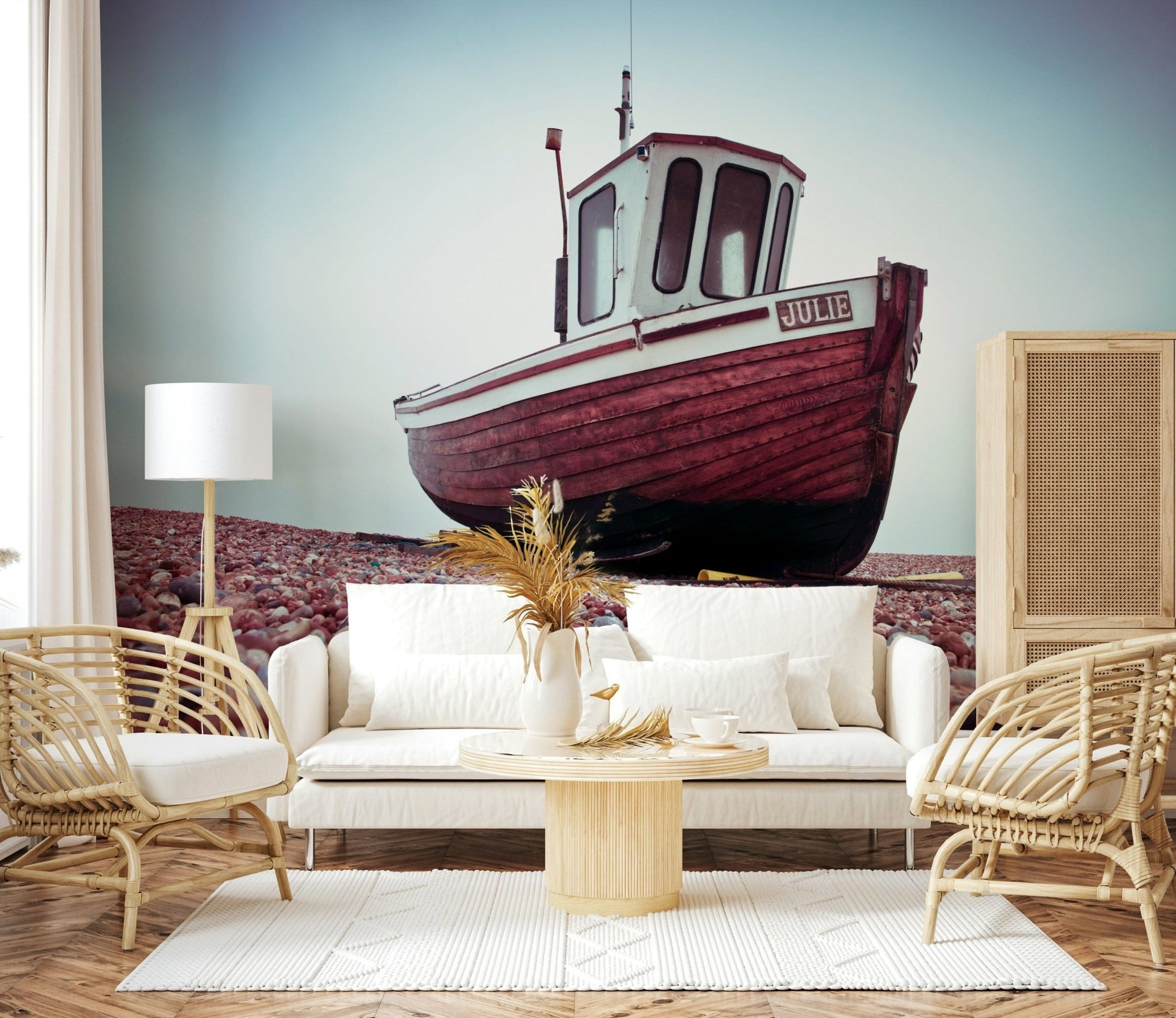 Boat Resting on Pebbled Strand, solitary vessel on stones, peel and stick wallpaper.