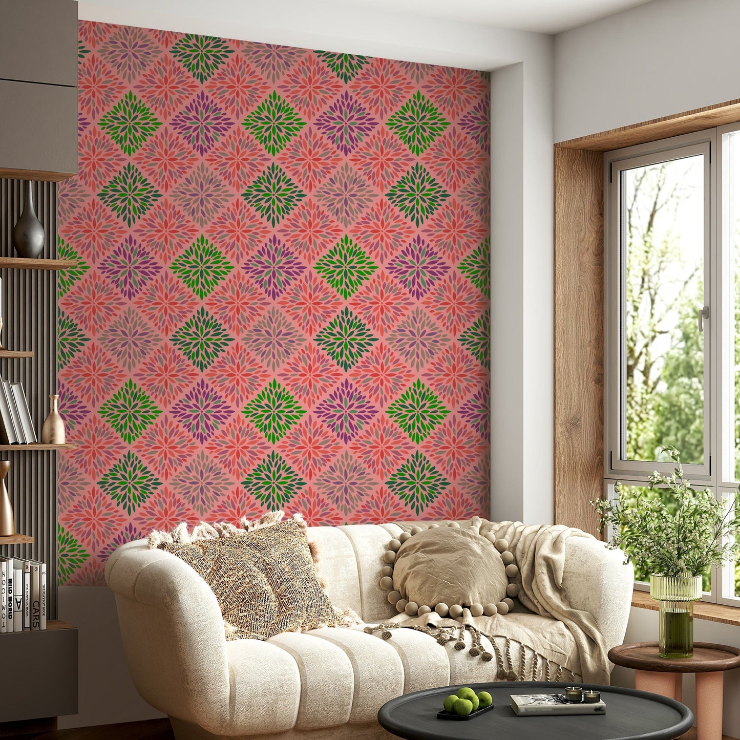 The wallpaper has an intricate, ornate pattern.

