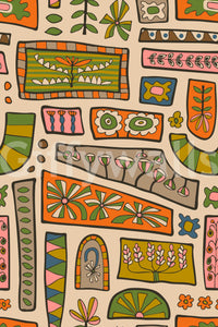 Retro earth-tone blocks with flowers, symbols, and geometric shapes forming a lively patchwork wallpaper.