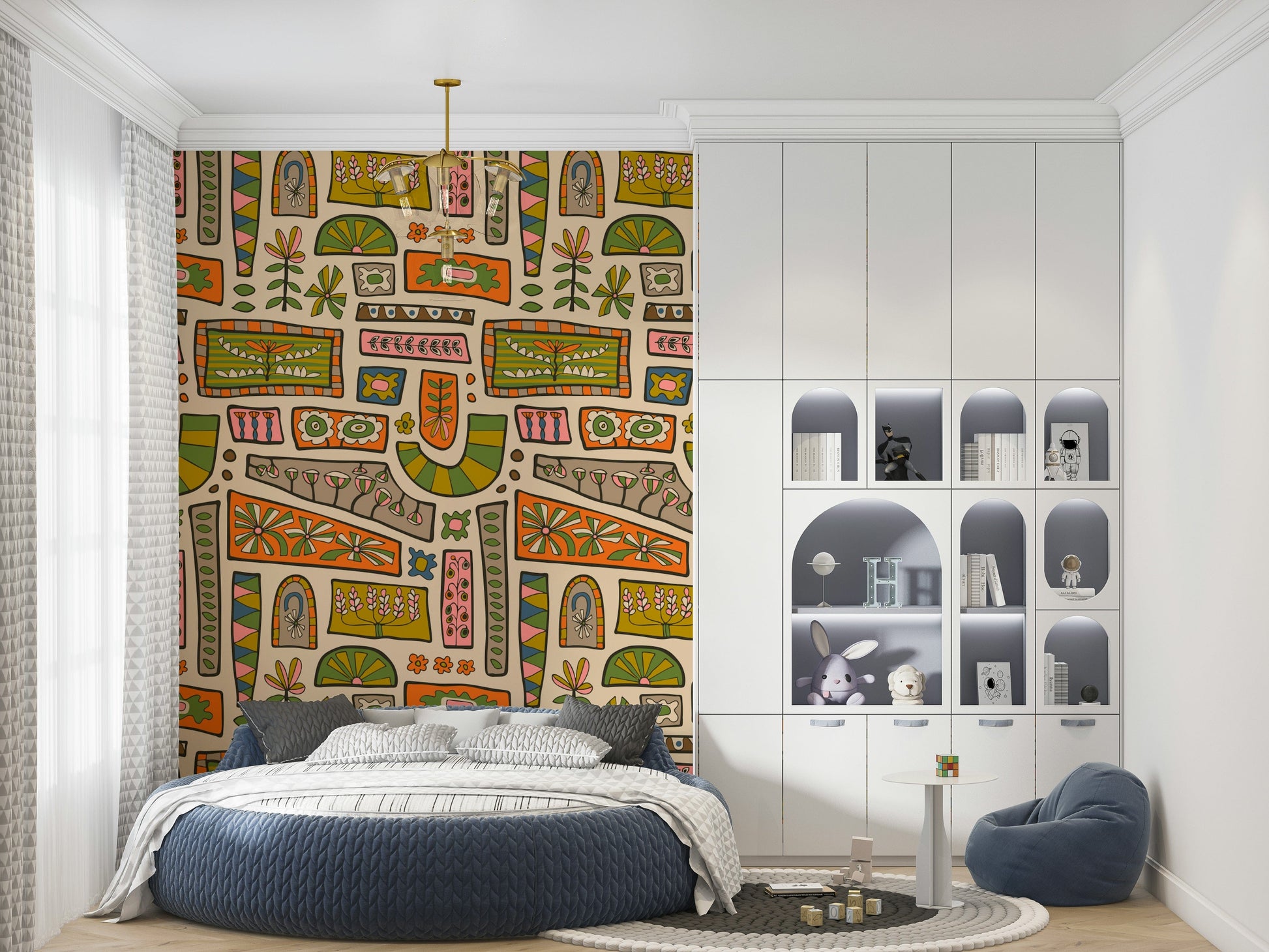 A cheerful boho wallpaper featuring layered patchwork squares in organic earth-based color tones.