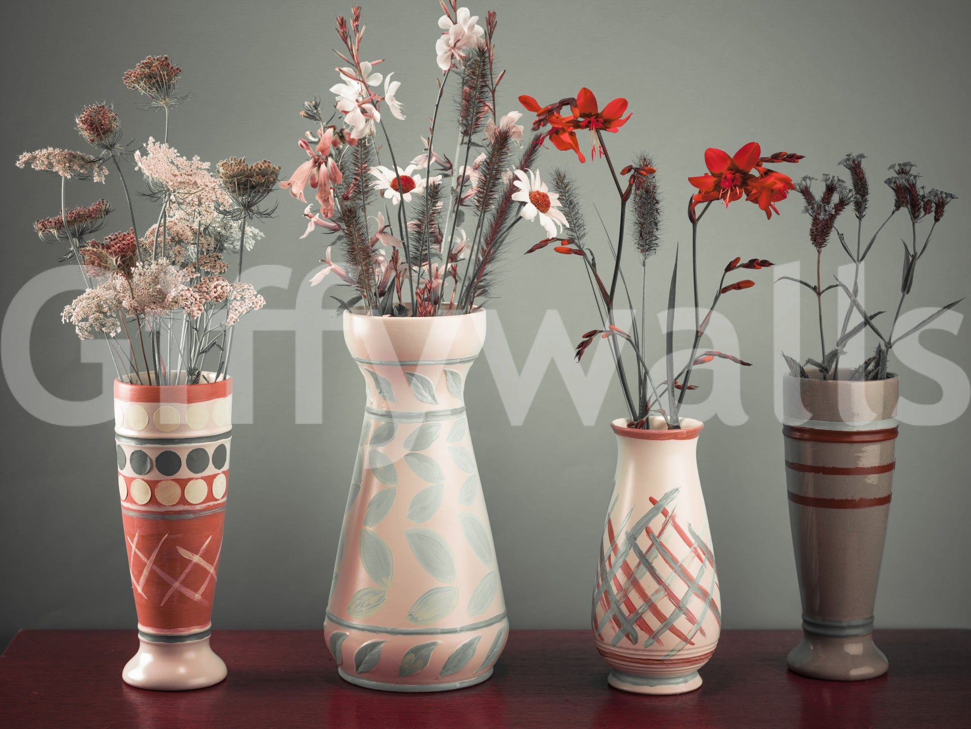 Decorative vases on rich wood wallpaper stunning Bohemian art.