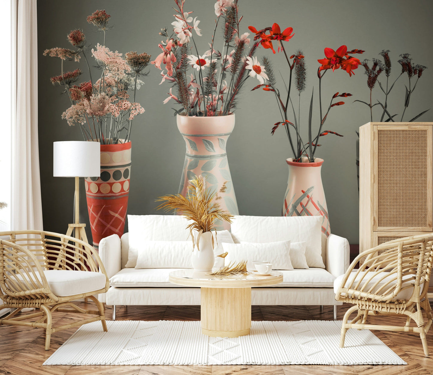 Dried flower arrangement mural subtle Floral Collection colors.