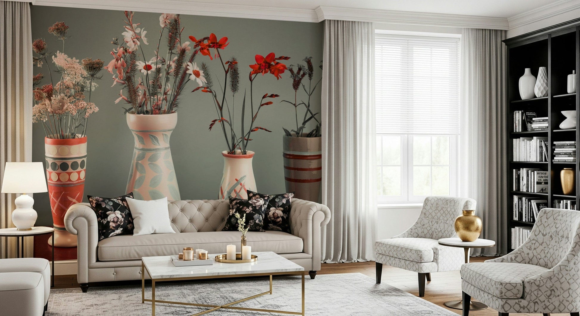 Four elegant flower holders wallpaper rich texture Bohemian aesthetic.