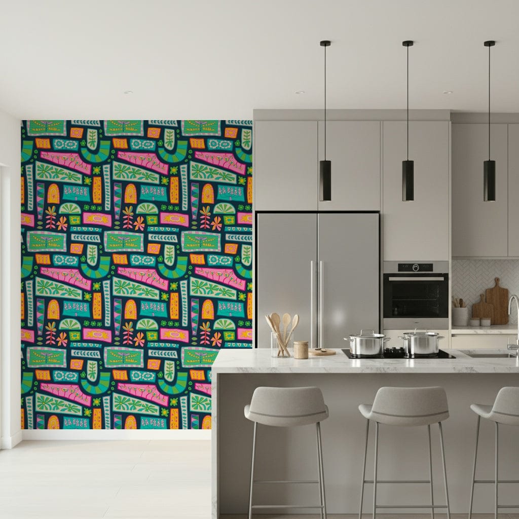 A vibrant bohemian patchwork wallpaper featuring colorful floral blocks in bright rainbow tones.