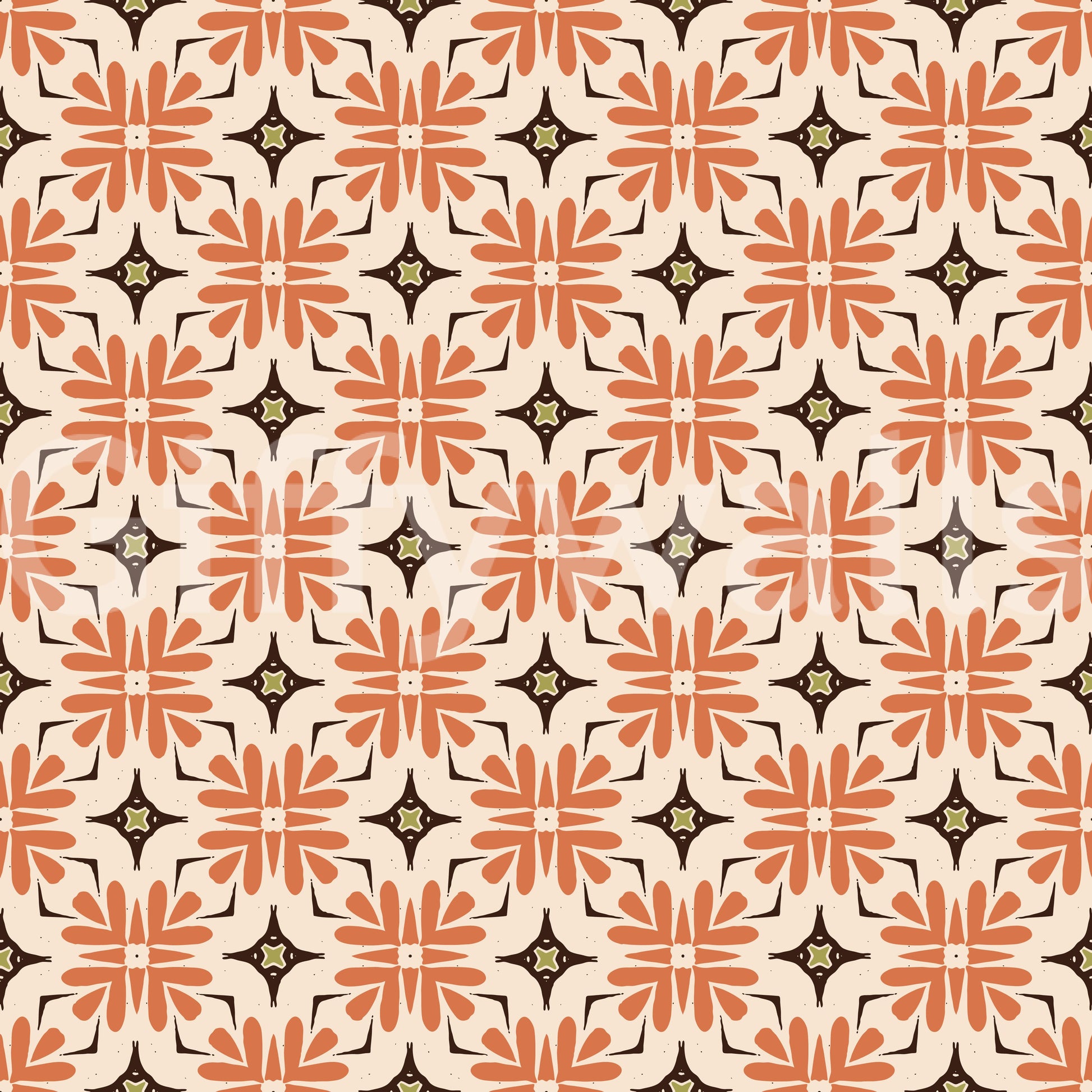 Bold orange geometric wallpaper with a boho floral design.

