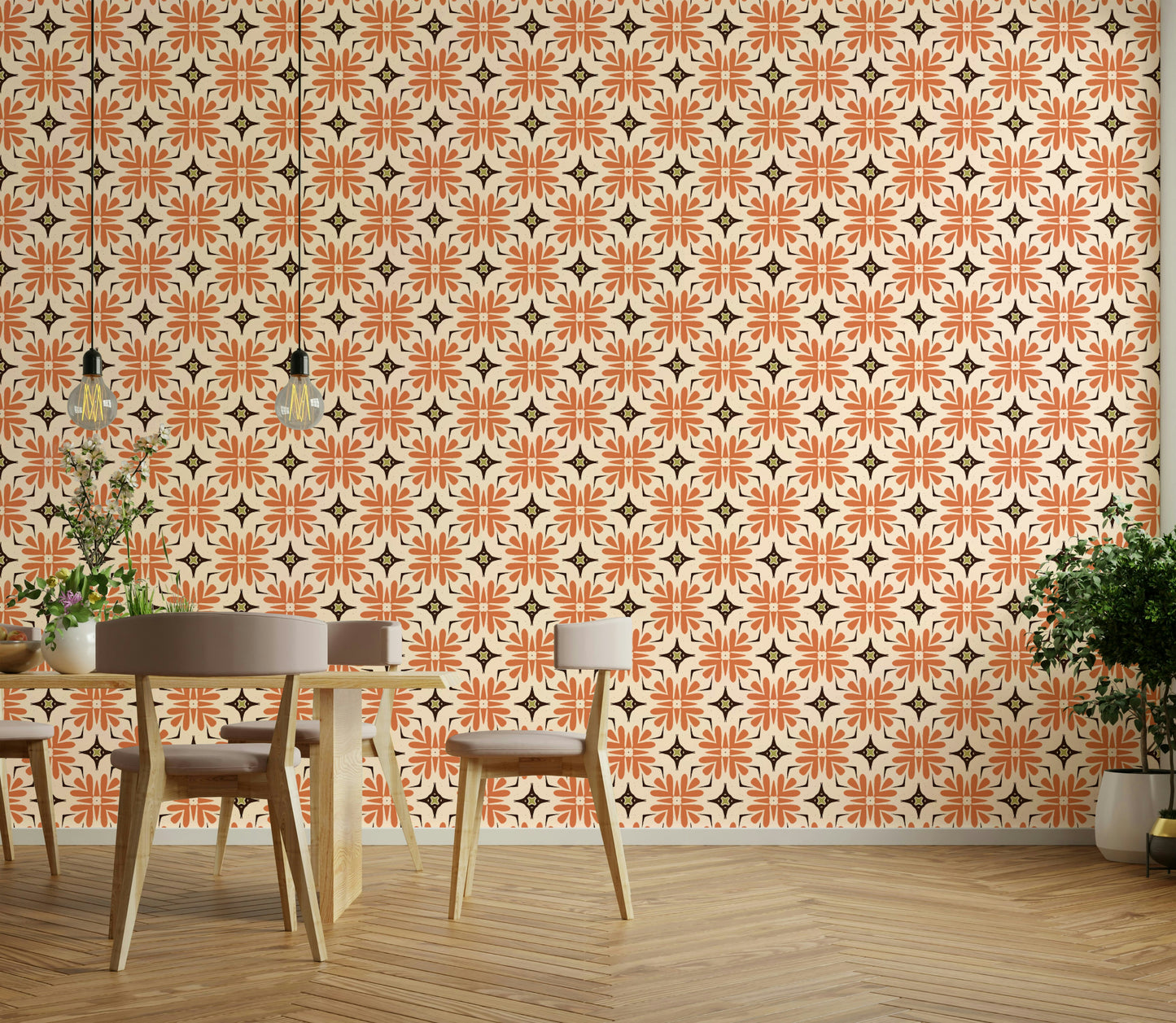 Stylish geometric tile wallpaper with earthy orange tones.

